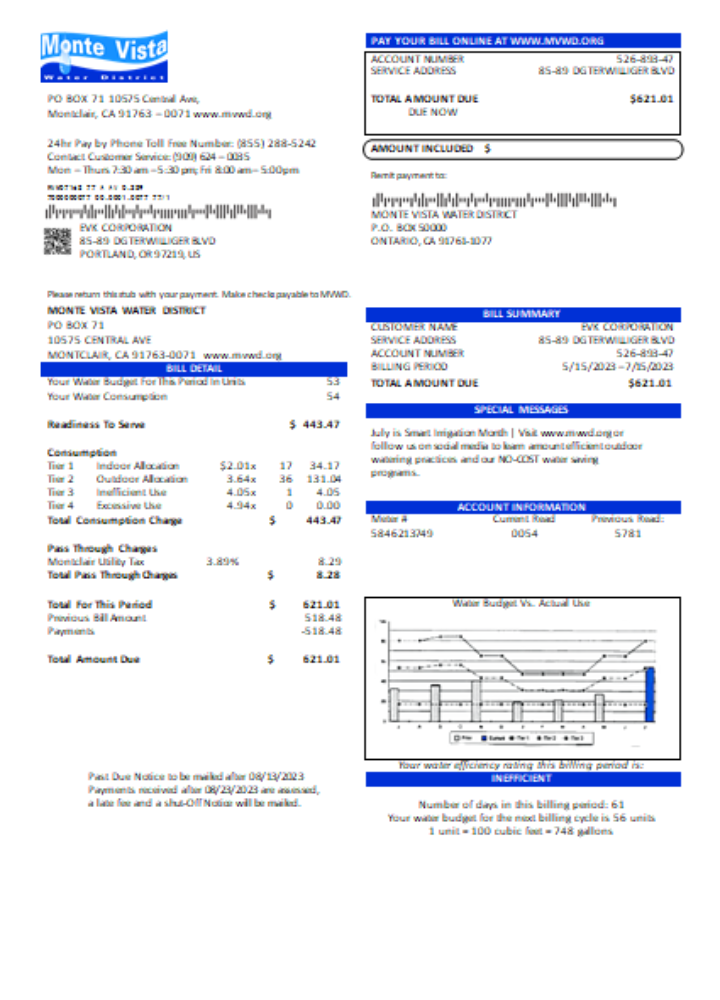 California Monte Vista Water District utility business bill,  SCR PSD template